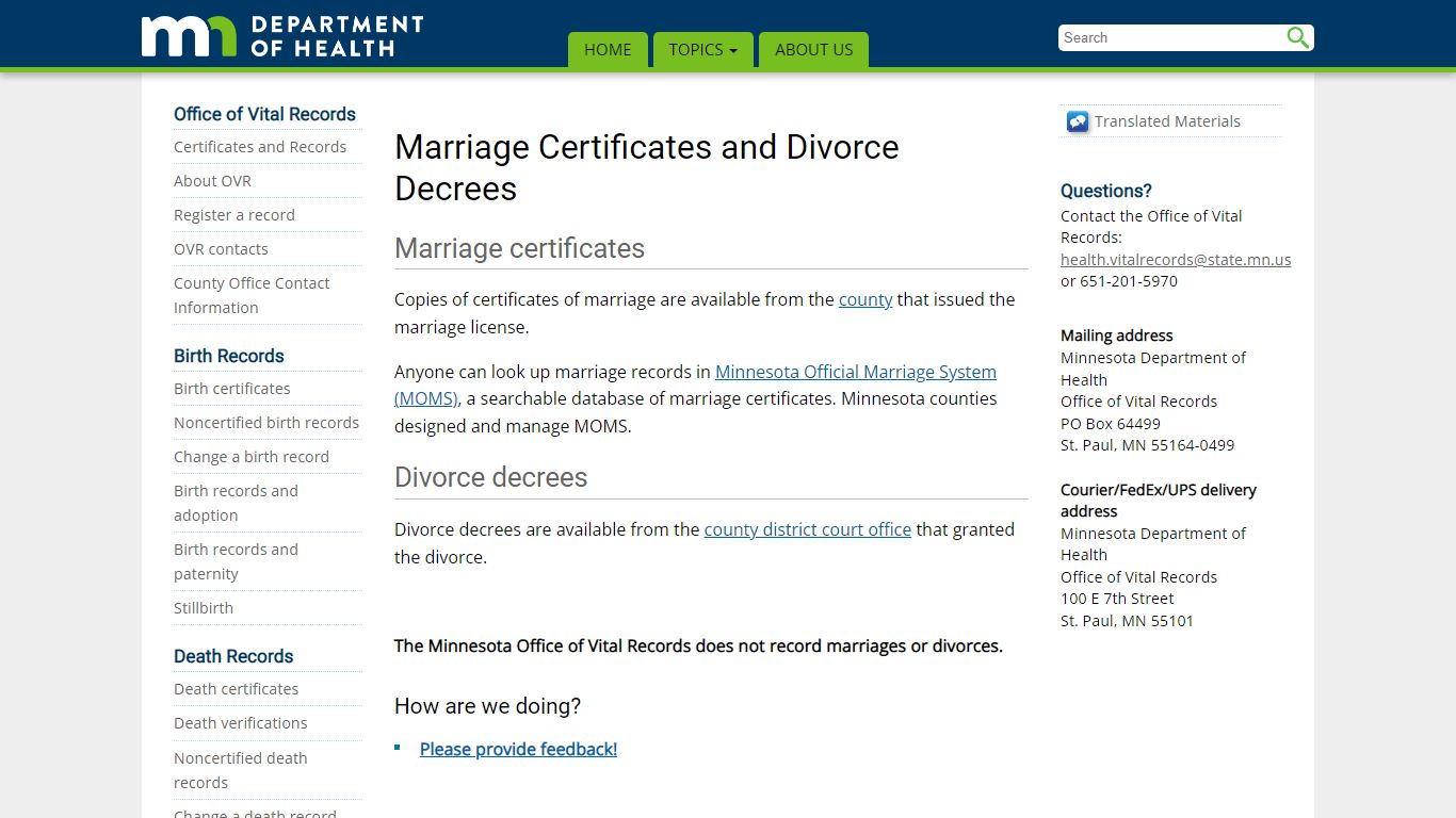 Marriage certificates and divorce decrees - Minnesota Dept. of Health